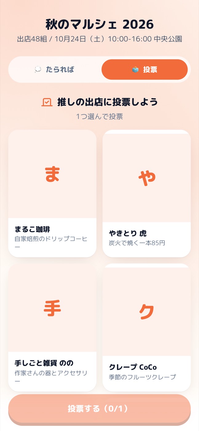 投票画面。出店者の候補が2列のカードで並び、下に投票ボタンがある